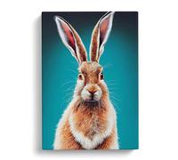 Hare Portrait No.2 Teal, Grey, Peach Canvas Print | Gallery Wrapped 30mm Frame Wall Art | 30x20 inches | Ready to Hang | Contemporary Animals Picture | Living Room Bedroom Lounge Office