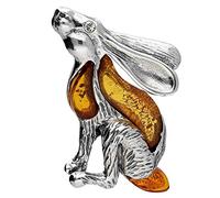 Hare/Rabbit Silver Brooch Pin/Clip in Orange Amber with Cubic Zirconia (CZ) Eye for Women - 925 Sterling Silver