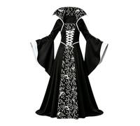Harekoiw Outfit Halloween for Women's Vampire Costume Black and Red Gothic | Velvet Dress with High Collar, Lace Up Corset, Bell Sleeves Red Embroidery for Halloween season Cosplay Stage Perform