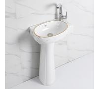 HARELA Pedestal Sink, Ceramic, Freestanding, 43x29x73cm, Pedestal Bathroom Sink with Overflow, White Glossy Finish, 2 Holes, Space Saving Solution