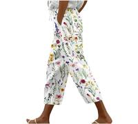 Harem Pants for Women UK Striped Printed Elastic Waist Trousers Cropped Harme Trousers with Drawstring and Pocket Casual Lounge Capri Pants Lightweight Summer Trousers Baggy Capris Beach Pants Ladies