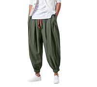 Harem Pants Mens Cotton Linen Boho Baggy Joggers Elasticated Waist Drawstring Casual Loose Cuffed Trousers Hippie Yoga Beach Bottoms with Pockets