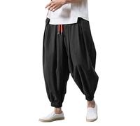 Harem Pants Mens Cotton Linen Boho Baggy Joggers Elasticated Waist Drawstring Casual Loose Cuffed Trousers Hippie Yoga Beach Bottoms with Pockets