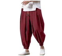 Harem Pants Mens Cotton Linen Trousers Baggy Casual Pants Wide Leg Drawstring Pirate Costume Hippie Clothes Cuffed Cargo Joggers Elasticated Waist Trousers