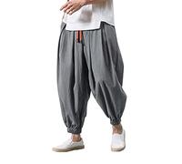 Harem Pants Mens Cotton Linen Trousers Baggy Casual Pants Wide Leg Drawstring Pirate Costume Hippie Clothes Cuffed Cargo Joggers Elasticated Waist Trousers