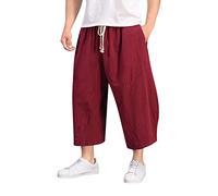 Harem Trousers Men's Japanese Cotton Summer Trousers Men's Long Stretch Sports Trousers Long Cotton Harlequin Trousers Japanese Large Size Beach Trousers Linen Seven Minute Lantern Trousers, red, 5XL