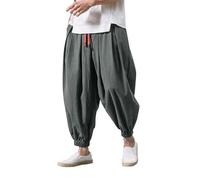 Harem Trousers Men's Linen Japanese Linen Trousers Plain Colours Loose Leisure Trousers Yoga Trousers with Drawstring Pockets Men Dungarees Cropped Pants Long Summer Trousers Men's Elastic Sports