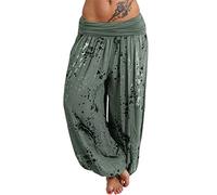 Harem Trousers Women Aladdin Pants Ladies Elasticated Waisted Boho Patterned Yoga Pants Extra Long Hippie Pants Baggy Casual Wide Leg Trousers Lightweight Breathable Leisure Trousers Army Green