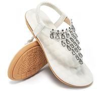HARENCE Flat Sandals for Women Comfortable: Dressy Summer Bohemian Beaded Toe Ring Shoes - Zero Foot Pain for Casual Walking, White, 3 UK