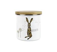 Hares and Dandelions Small Biscuits Storage Canister by Rhiannon Chauncey - Countryside Kitchen Decor - 1.2L White Metal Enamel Food Storage Container