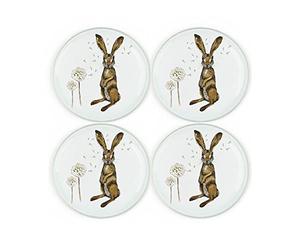 Hares Glass Coaster Set - Round Painted Wildlife & Dandelions by Rhiannon Chauncey - Set of Four (4) Coasters