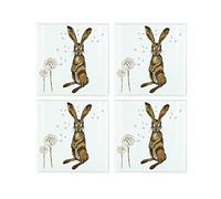 Hares Glass Coasters - Set of 4 | Square | Smooth Glass | For Drinks | Coffee Table & Dining Table Mats | Bar Coasters | Tempered Glass | Non-Slip