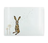 Hares Rectangular Large Glass Worktop Protector - Painted Hares & Dandelions by Rhiannon Chauncey - Smooth Kitchen Chopping/Cutting Board Worktop Saver with Non-Slip Feet 39cm x 28.5cm (15" x 11")