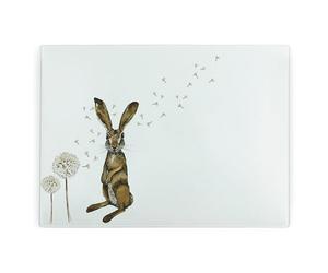 Hares Rectangular Large Glass Worktop Protector - Painted Hares & Dandelions by Rhiannon Chauncey - Smooth Kitchen Chopping/Cutting Board Worktop Saver with Non-Slip Feet 39cm x 28.5cm (15" x 11")