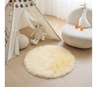 HARESLE Light Yellow Round Shaggy Rugs 120cm Fluffy Faux Fur Plush Rug | 6cm long pile, Washable, Anti-slip, Round shape, for living room, bedroom, kids room, nursery, lounge