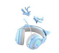 Harewtwy Wireless Bluetooth Headphone with Cute Antlers Cat Ear Design RGB Light Gaming Headset Earphone for Gamers for Kids Blue