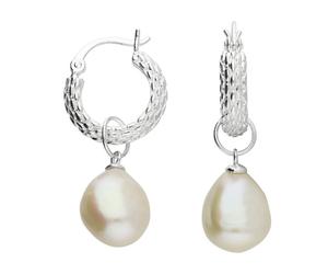 Harfi Elegant Sterling Silver Basket Weave Hoop Earrings with Freshwater Pearl Charm