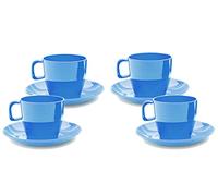 Harfield Blue Tea Cups & Saucers 8 Piece Set Virtually Unbreakable Reusable Polycarbonate x4 Tea Cups x4 Saucers