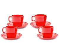 Harfield Red Tea Cups & Saucers 8 Piece Set Virtually Unbreakable Reusable Polycarbonate x4 Tea Cups x4 Saucers