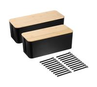 HARFINGTON 2 Set Cable Management Box, Cord Organizer with Nylon Cable Reusable Ties for Home Office Desk, TV Computer Router Wires, Power Strips Hiding, Black, Wooden Lid, M