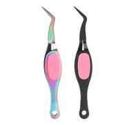 HARFINGTON 2pcs Craft Tweezers Precision Crossing Lock Curved Stainless Steel Soft Reverse Grip Fine Tip Tweezers for DIY Craft Jewelry Beading Electronics, Black Rainbow Pink