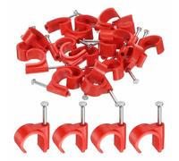 HARFINGTON 50pcs Cable Clips with Nail 20mm Circular Single Hook Half Clamp J-Hook with Nail Cord Clips for Wires on Wall for Ethernet Tacks Coax Pex Tubing Pipe Support, Red