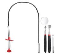 HARFINGTON Flexible Grabber Claw Pick Up Tool Set 0.47" Dia. 63" Bendable Spring Telescoping Inspection Mirror Magnet Rod 4 Claws Stainless Steel Cleaning Hook for Auto Repair Home Sink Drain