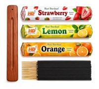 Hari Darshan Fruit Incense Sticks Gift Set, Strawberry, Lemon & Orange, 60 Hand Rolled Sticks with Wooden Holder