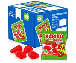Haribo Giant Strawbs Gone Mini Vegetarian Sweets 100 x 16g Bags Treat Party Bags