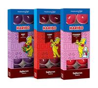 HARIBO Set of 3 Scented Tea Lights Winter Edition - Berry Mix, Cherry Cola, Strawberry Happiness - 30 Pieces with 4-6 Hours Burning Time in Festive Winter Design