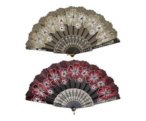 Harilla 2Pcs Folding Hand Fan Novelty Flowers Pattern for Costume Dancing Party Weddings, Red and Gold