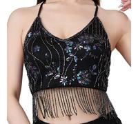 Harilla Belly Dance Bra Top Women's Sparkly Fringe Tassel Crop Glittery Sequins Halter Neck Top for Festival Clubbing Wear, Self-tie Crop Top for Belly Dance Performance for Zumba Latin Class, Black