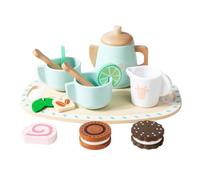 Harilla Children Play Kitchenware Wooden Tea Set Pretend With Teapot Cups Pitcher And Spoons Painted Finish And Encourage Sharing suitable for kids social , Blue