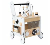 Harilla Children Wooden Activity Toy Pusher Trolley with Abacus Counting Shape Sorter Rotating Gears Bead Maze Storage Compartment Suitable for Early Development Home playroom