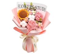Harilla Completed Crochet Flowers Bouquet Artificial Flowers Knitted Rose Daisy Birthday Valentines DIY Home Decor Knitting Gift for Mother for Her,Pink E-35cmx40cm