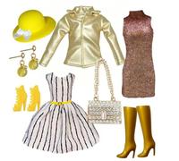 Harilla Doll Apparel Ensemble Set Clothes Dress Costume With Coordinated Elements Cloth Material suitable for modeling stages display collectors , Gold, Yellow, White, Black, Pink