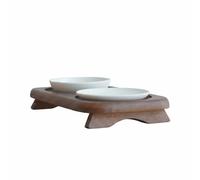 Harilla Industrial Bowl Holder Two Ceramic Cat, Bowl Bottom Silicone Anti-slip, Shallow Dish + Deep Dish + Acacia Wood Bowl Rack