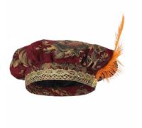 Harilla Men Hat Feather Medieval Muffin Top Gemstone Velvet Polyester Flat Cap Traditional Headwear Suitable for Carnival Historic Festival, Red