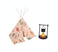 Harilla Miniature Tent Dollhouse Camp Model With Cone Shaped Fire Feature Hanging Pot Cooking Utensils Pla Cloth Resin suitable for Christmas decor photography collecting, Vertical Stove Tent