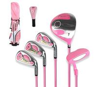 Harilla Set Driver Irons Putter With Portable Bag And Headcovers For Easy Carry Training Reliable Alloy Stainless Steel And Rubber Build suitable for kids, Pink, Height 110-135cm