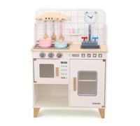 Harilla Wooden Children Play Kitchen With Realistic Oven Knobs And Simulated Cooktop Surface Suitable For Preschoolers Creative Role Play And Nursery, Danish Noble White Kitchen 328 Sound And Light