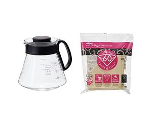 HARIO CD-V60-02 CD Cafetière Range Server V60-02 Microwave-600ml, Glass, 600 milliliters, Black & Hario V60 Filter Papers - Paper Coffee Filters for V60 Dripper, Natural, 100 Pack