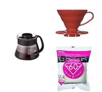 Hario V60 Coffee Glass Server and V60 Dripper 01 Red with V60 White Filter Papers