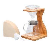 Hario V60 Olive Wood Stand Set | All In One Coffee Brewer Set-up With Stand, Glass Dripper, Range Server, Measuring Spoon and Filters, Clear, Size 02