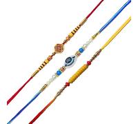 HARJEET Set of 3 Unique Designs - Each Rakhi features a stylish evil eye charm with vibrant beads and threads for a sacred look, M, Cotton, no gemstone