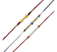 HARJEET Set of 3 Unique Designs - Each Rakhi features a stylish evil eye charm with vibrant beads and threads for a sacred look, M, Cotton, no gemstone