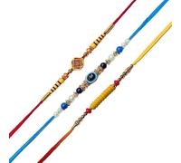 HARJEET Set of 3 Unique Designs - Each Rakhi features a stylish evil eye charm with vibrant beads and threads for a sacred look, M, Cotton, no gemstone