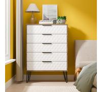 Harlequin Chest - 5 Drawer - Wide - with Hairpin Legs - White Matt and Vintage Oak