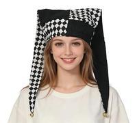 Harlequin Jester Hat with Long Tails and Bells, Black and White Checkered Clown Costume Headpiece, Unisex One Size for Halloween Cosplay Circus Gothic