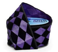 Harlequin Print On Faux Linen Wired Ribbon, 2 1/2" X 10YD, Flocked, Purple/Black, Roll 1